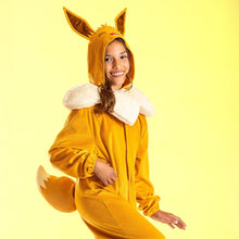 Eevee-style tan child jumpsuit costume with ear hood, white fur collar, and tail