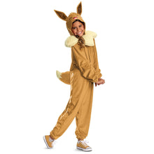 Eevee-style tan child jumpsuit costume with ear hood and white fur collar