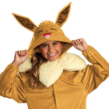 Eevee-style tan ear hood with embroidered face, red tongue, and white fur collar