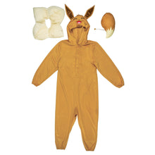 Eevee-style tan child jumpsuit costume with white paw mitts and tail