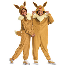 Eevee-style tan child jumpsuit costume with faux fur collar and ear hood