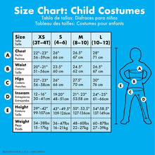 Child costume size chart with chest, waist, height, inseam, and weight measurements