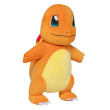 Charmander jumbo plush side view with orange body, yellow belly, and red tail tip