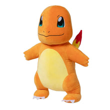 Charmander jumbo plush front view with orange body, yellow belly, and red tail tip