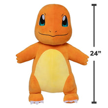 Charmander jumbo plush with orange body, yellow belly, blue eyes, and 24" height