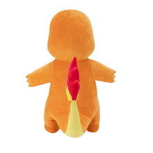 Charmander jumbo plush from back view with orange tail and yellow belly