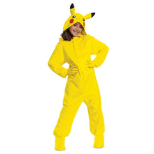 Yellow Pikachu child jumpsuit with hood, red cheek patches, and brown belly face panel