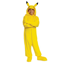 Yellow Pikachu child hooded jumpsuit with face hood and matching boot-like foot covers