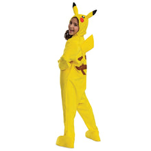 Yellow Pikachu child costume jumpsuit with hood, black ear tips, and red cheek details