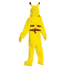 Yellow Pikachu child jumpsuit shown from back with hood ears and brown tail panel
