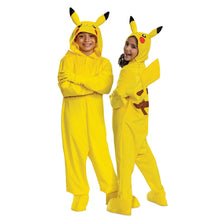 Yellow Pikachu child jumpsuit with hood, black ears, red cheek circles, and foot covers