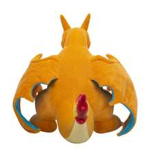 Charizard plush toy front view with blue ear flaps and red nose mark