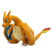 Charizard plush toy with crouched pose, arched wings, and red-yellow flame tail