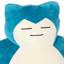 Sleeping Snorlax plush face close-up, teal hood and white muzzle with calm smile