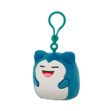 Snorlax clip-on plush keychain, teal, front face with sleepy eyes, green loop