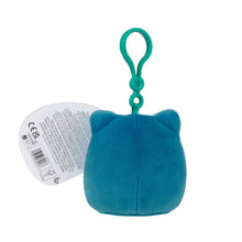 Snorlax clip-on plush keychain, teal, back view with barcode tag, green loop