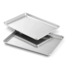 Aluminum 1/4-size baking sheets set of two, stacked with raised rim.