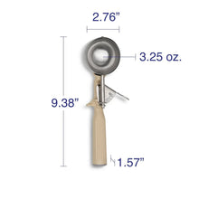 Portion scoop with beige handle; 3.25 oz serving size shown