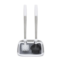 Dual toilet brush and plunger caddy with built-in brush and plunger compartments
