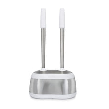 Dual toilet brush and plunger caddy with white tops and stainless stems on round base