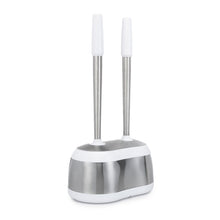 Dual toilet brush and plunger caddy with two white-handled holders, stainless stems