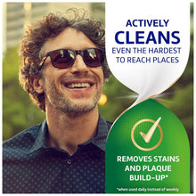 Dental cleanser marketing panel stating actively cleans hard-to-reach places and removes stains