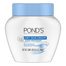 POND’S Dry Skin Cream face moisturizer jar with blue flip-top lid, white container