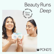 Two people holding POND’S Clarant B3 cream jars, smiling, white containers with pink lids