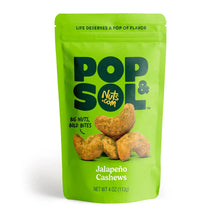 Pop & Sol jalapeño cashews bag, green pouch with roasted cashews
