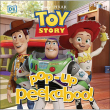 Toy Story pop-up peekaboo board book cover with cartoon characters and spaceship