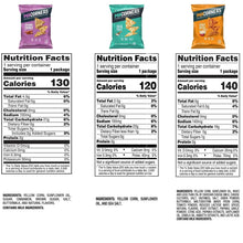 Nutrition Facts panels for three PopCorners chip packages with calories and ingredients