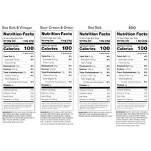 Nutrition facts panel with serving size and calories for snack bags