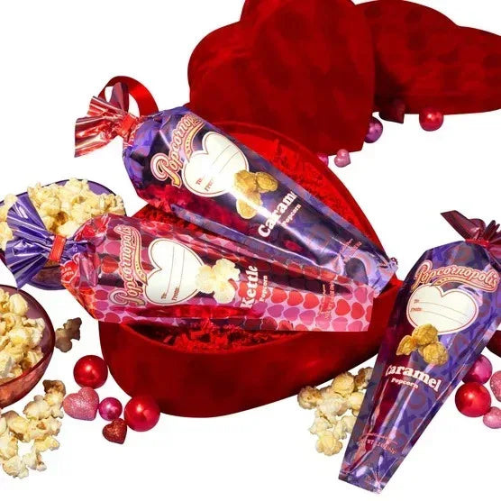 Popcornopolis Metallic Valentine's Day Hearts Mini Cones, Caramel Corn and Kettle Corn, 24 count