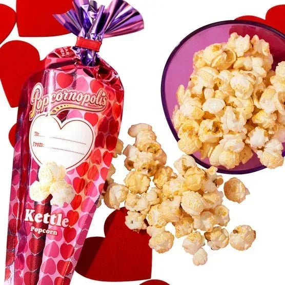 Popcornopolis Metallic Valentine's Day Hearts Mini Cones, Caramel Corn and Kettle Corn, 24 count