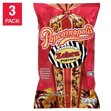 Zebra popcorn 3-pack bag, caramel flavor with white striped coating