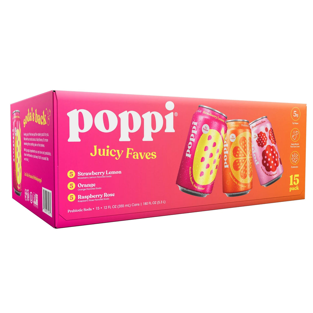 Poppi Soda Juicy Faves, Variety Pack, 12 fl oz, 15-count - USA MEGA SHOP