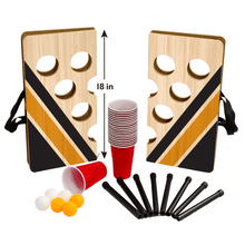Portable cup pong game set pieces: two boards, stacked cups, balls, and black pegs