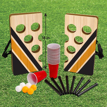 Portable cup pong game set with two boards, stacked red cups, green disks, and balls
