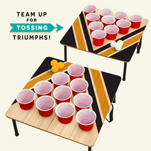 Portable cup pong game set with two boards, stacked cups, and white plus yellow balls
