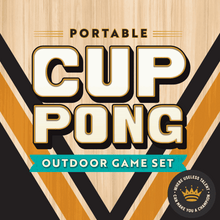 Portable cup pong game set packaging with wood-grain background and striped design