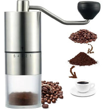 Stainless steel manual coffee grinder with black crank handle and adjustable settings