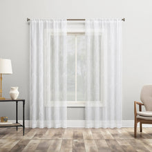 Sheer white embroidered trellis curtains, full panel on rod