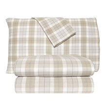Folded beige plaid flannel sheet set with pillowcases