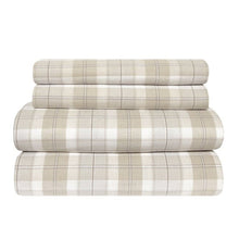 Beige plaid flannel sheet set folded to show the fabric pattern