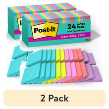 Neon super sticky note pads stacked and fanned in teal, pink, purple, and yellow