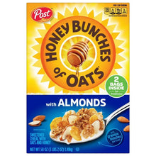 Cereal box front with honey oat clusters and almonds, Post Honey Bunches