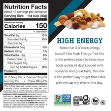 Nutrition facts panel with serving size, calories, and ingredient details