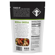 Mega Omega trail mix bag, back panel with nutrition facts and ingredient information