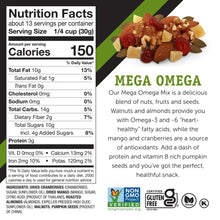 Mega Omega trail mix nutrition facts panel with calories and serving size