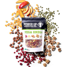 Mega Omega trail mix bag with scattered nuts, seeds, and dried fruit around it